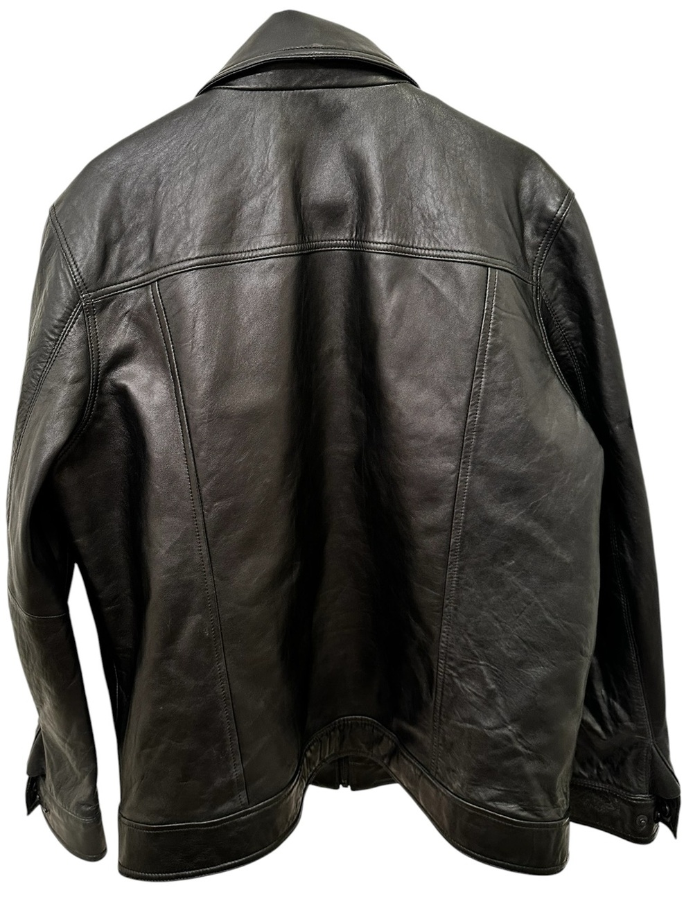 Perry Ellis Portfolio black leather jacket featuring a quilted interior lining - Picture 15 of 17